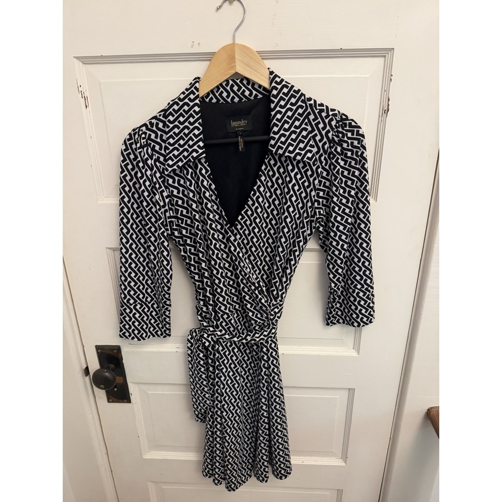 Laundry by Shelli Segal Black Patterned Collared Jersey Wrap Dress 3/4 Sleeves S